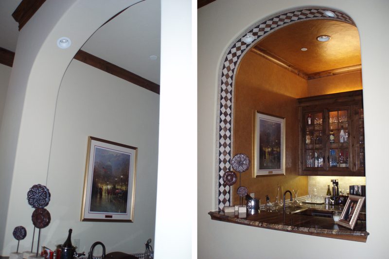 Home bar area shown before and after a Chateau Concepts remodel