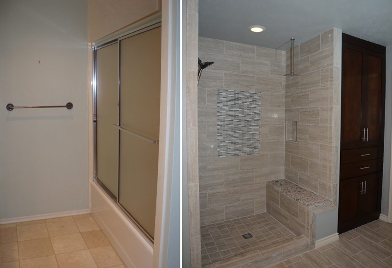 Bathroom before and after: tub and sliding doors replaced with a tiled walk-in shower and bench
