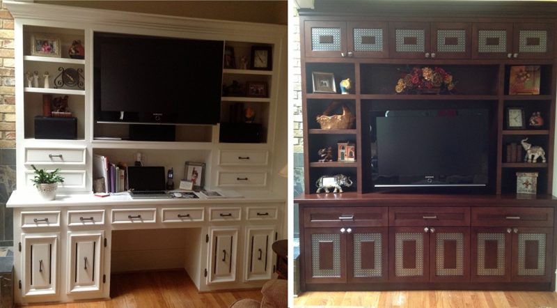 Entertainment center wall shown before and after a Chateau Concepts remodel
