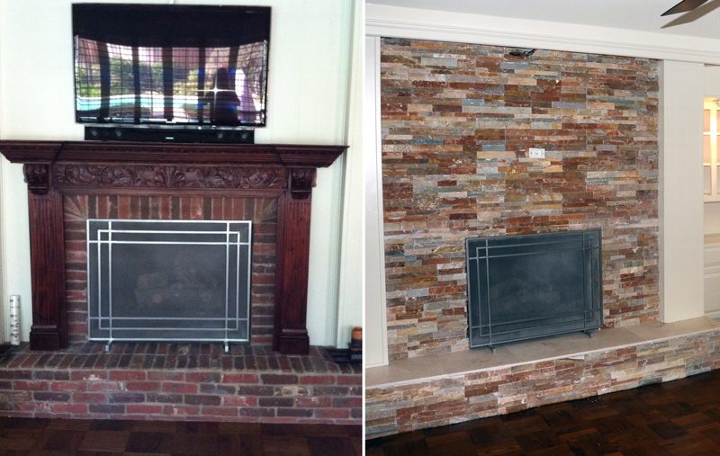 Fireplace before and after: red brick surround replaced with stacked stone