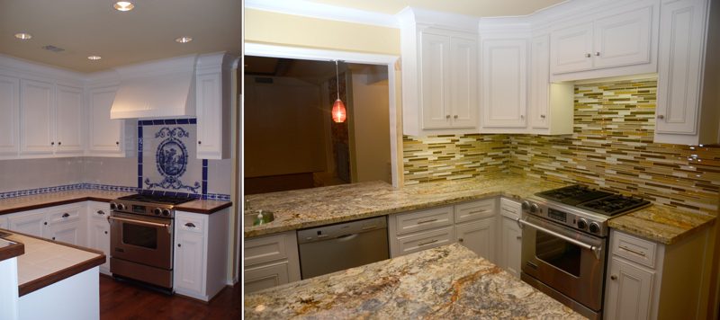Kitchen before and after: dated counters replaced with granite, glass mosaic backsplash and new appliances