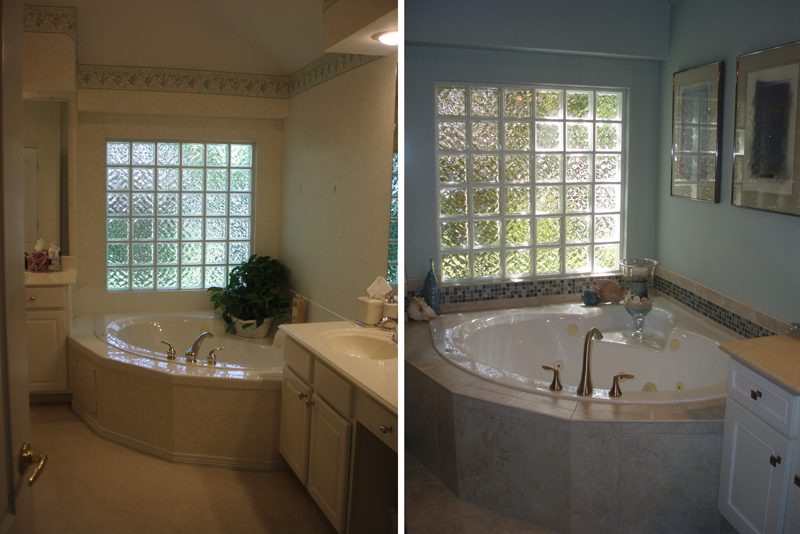 Master bathroom before and after: rebuilt tub deck, surround and finishes