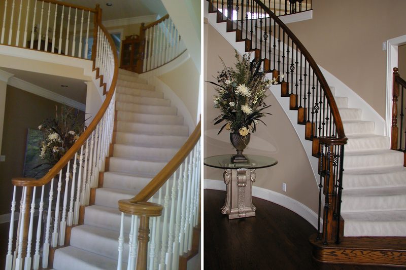 Staircase before and after: refinished treads, new railing and flooring
